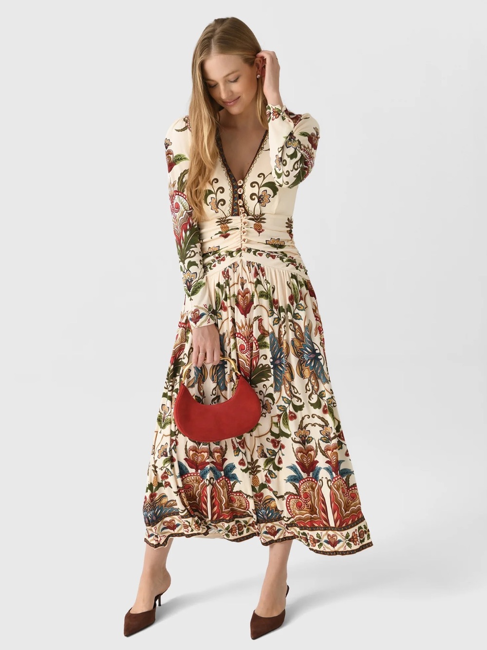 Farm Rio Cream Majestic Hearts Long Sleeve Midi
Dress